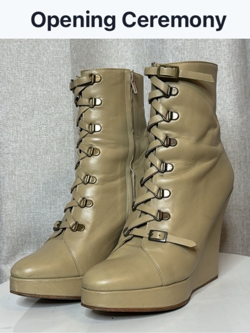 OPENING CEREMONY BEIGE LEATHER LACE UP PLATFORM WEDGE ANKLE BOOTS Y2K SIZE EU39